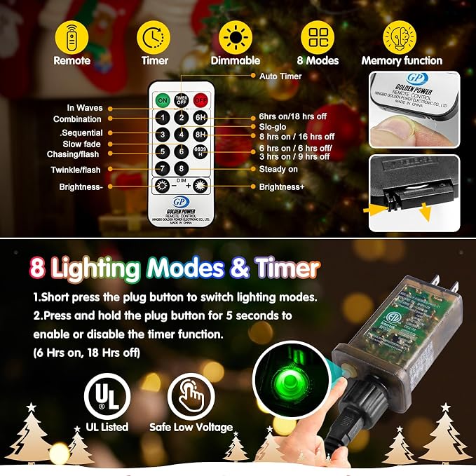 KNONEW 203FT 600LED Green Wire Outdoor Fairy Lights Plug in Multicolor Xmas | Timer,Memory,Dimmable,Remote,Waterproof,Green Wire,Invisible in Greenery,for Garden,Wedding,Party, Indoor/Outdoor, Christmas