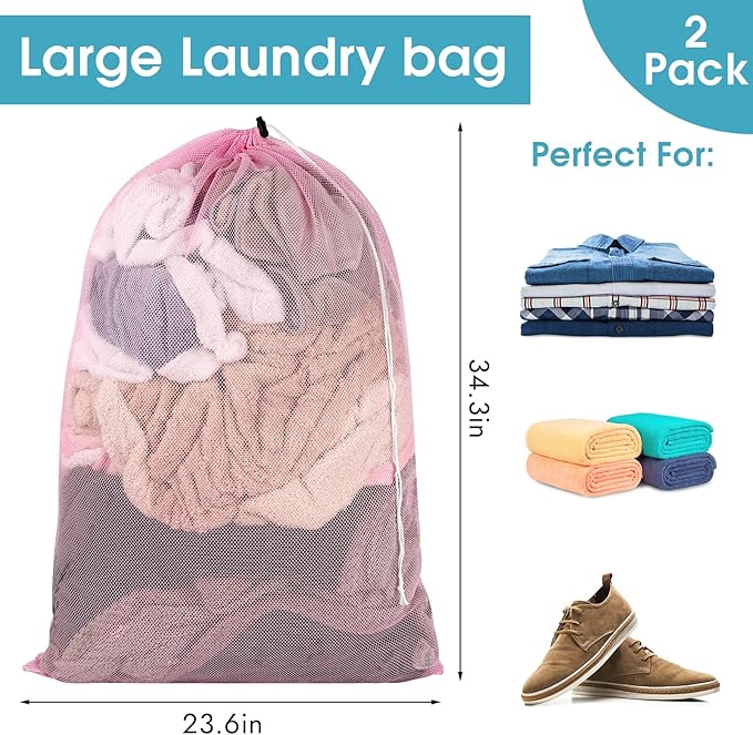 2 Pack Mesh Laundry Bags, 23 x 34 Inches Heavy Duty Mesh Laundry Bag, Large Laundry Drawstring Bag for College, Dorm, Travel, Family and Apartment Dwellers, Pink