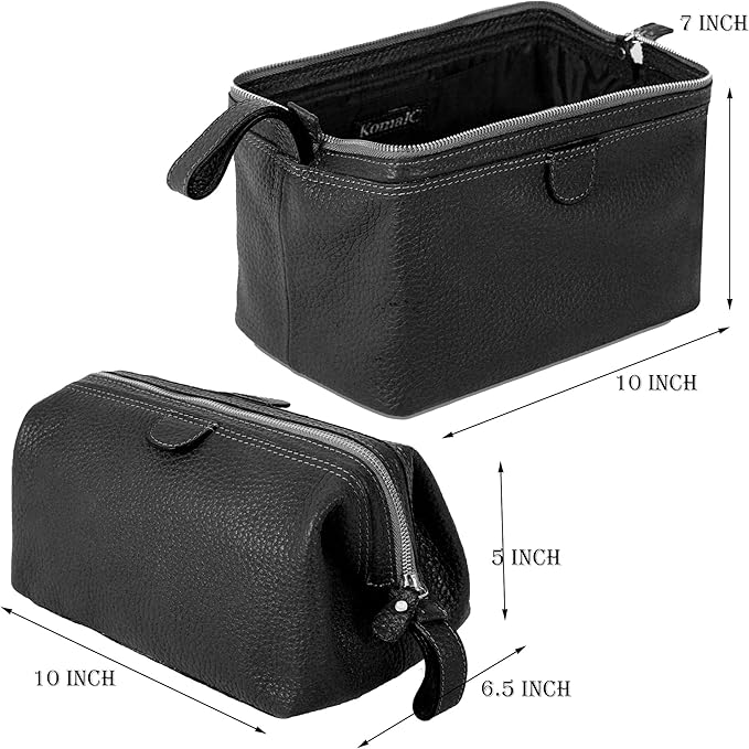 KomalC Premium Buffalo Leather Toiletry Bag for Men & Women With Water resistant Lining, Grooming Travel Pouch, Unisex Wash Bag for Toiletries, Gifts for Men and Women