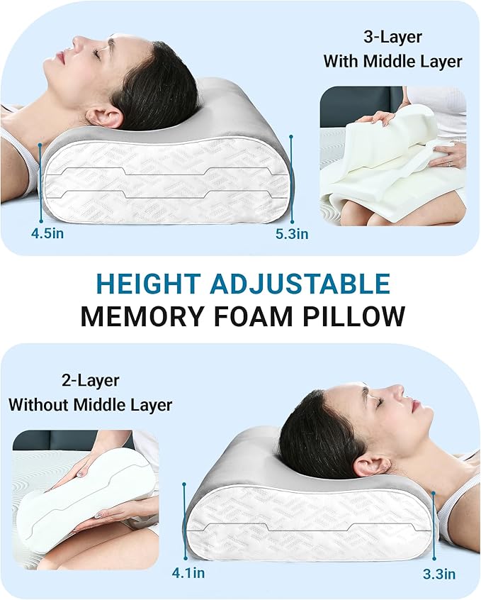 Elviros Memory Foam Pillows for Neck Pain Relief, Adjustable Height Ergonomic Orthopedic Pillow for Sleeping, Cervical Neck Pillow for Side and Back Sleepers, Queen Size, 23.6"×14"×5.3"