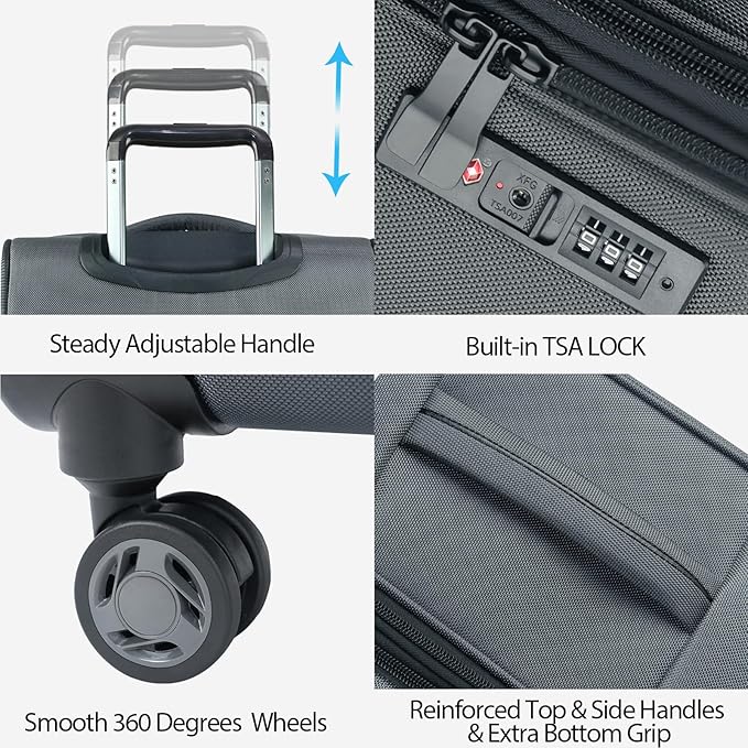 KROSER Softside Expandable Carry On Luggage with Front Business Pockets，20 Inch Suitcases with Spinner Wheels & Built-in TSA Lock, Durable Suitcase Rolling Luggage with USB Port, Grey