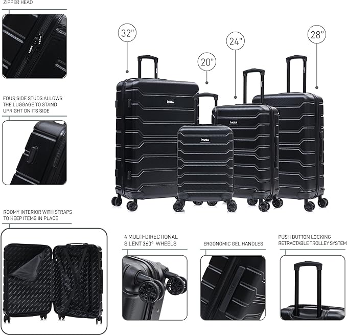 InUSA TREND Luggage with Spinner Wheels | Durable Lightweight Hardside Suitcase, Travel Sets with Handle and Trolley | (20in, 24in, 28in, 32in) 4 Piece Set | Black