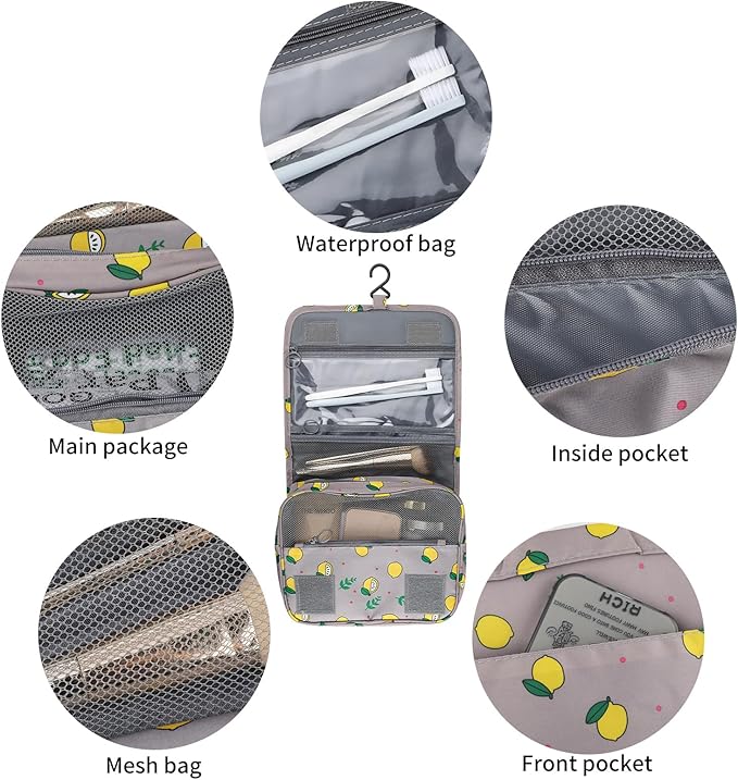 Foldable Hanging Travel Toiletry Bag,Waterproof Portable Travel Bags, Multifunction Travel Makeup Cosmetic Bag Organizer with Hanging Hook (Grey Lemon)