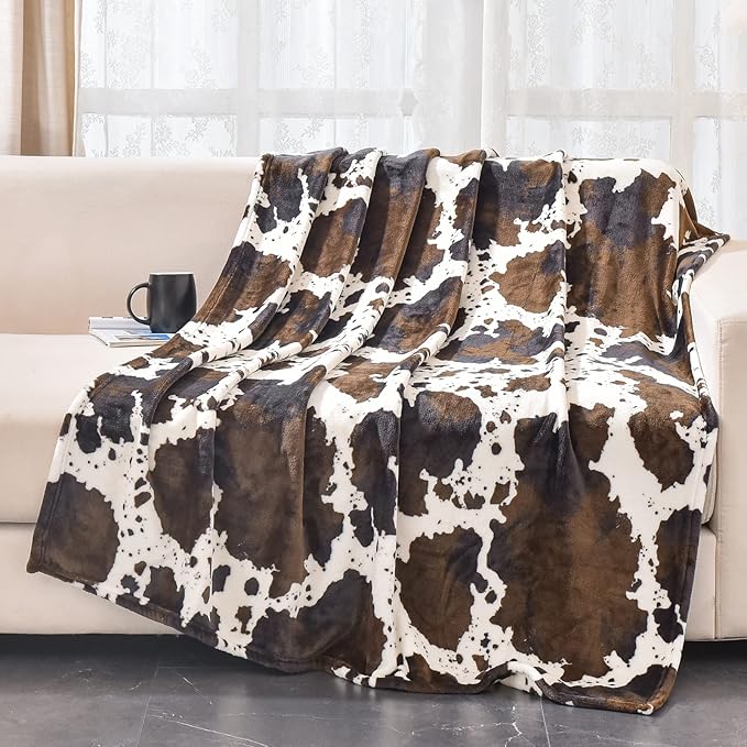 Bnuitland Brown Cow Print Flannel Throw Blanket (60x80 Inches) with Storage Pouch,300 GSM Double Sided Twin Size Bed Fleece Blanket, Super Soft Cozy Outdoor Lap Throw, Lightweight Fuzzy Home Decor