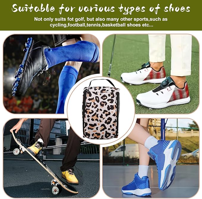 Golf Shoe Bag, Outdoor Zipper Sports Shoe Strap Bag with Air Mesh Ventilation, Durable Waterproof Golf Shoe Carry Bags with Sturdy Handle for Gym, Soccer, Running & Suitcase Packing (Leopard Print)