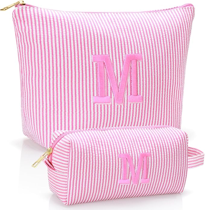 Personalized Initial Makeup Bag,Toiletry Travel Cosmetic Bag,Trendy Stuff for Teen Girls and Women,Holiday & Birthday Gift,2 Pack (M, Pink)