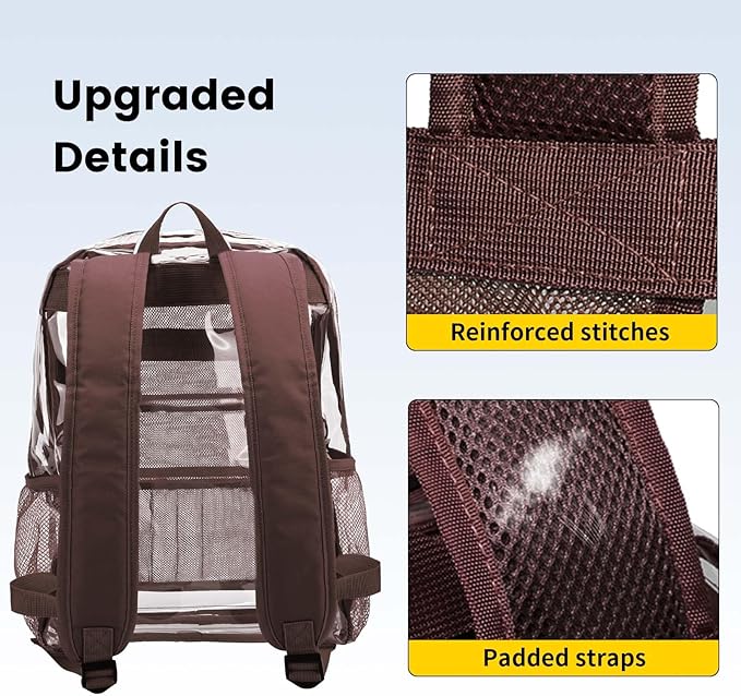 Vorspack Clear Backpack Heavy Duty PVC Transparent Backpack with Reinforced Strap Stitches & Large Capacity for College Workplace Security - Coffee