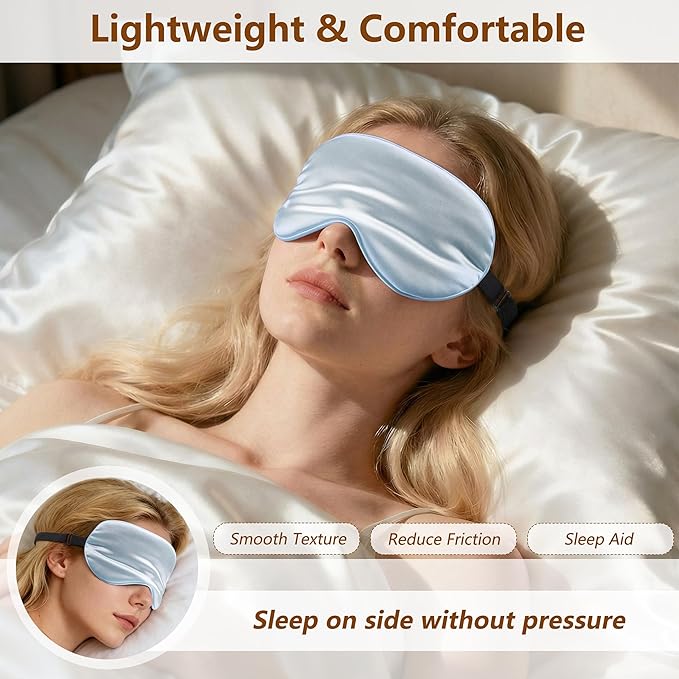 Sleep Mask Silk Eye Mask for Men Sleeping Mask, Adjustable Elastic Strap for Night Shading Sleep Mask, Soft and Comfortable for Both Men and Women (Light Blue)