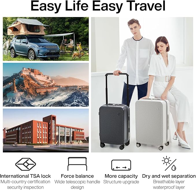 mixi Large Capacity Expandable Carry On Luggage Airline Approved 20'' Lightweight Luggage Wide Handle PC Hardshell Suitcases with Spinner Wheels & TSA Lock, Rock Gray