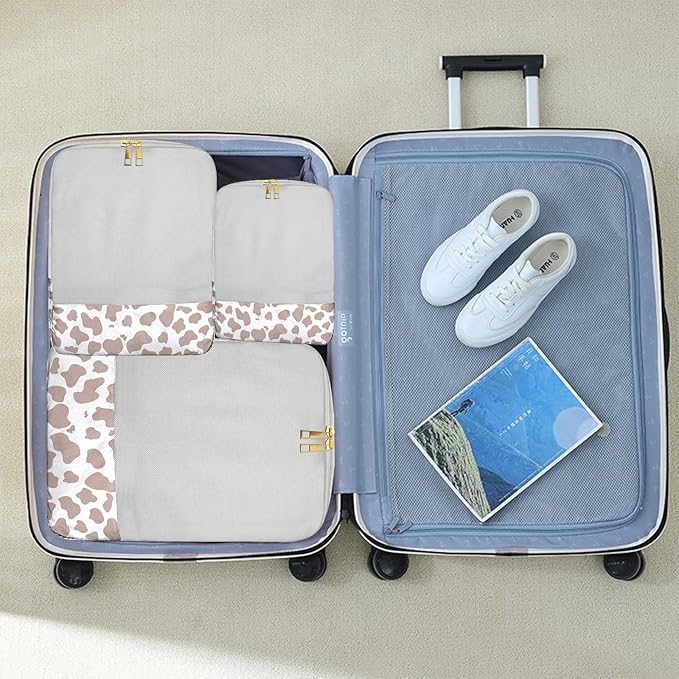 4 Set Packing Cubes Travel Luggage Organizers Compression cubes for Suitcase Travel Accessories for Women Girls Aesthetic Cute-Brown Cow Pattern