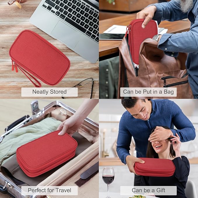 FYY Electronic Organizer, Travel Cable Organizer Bag Pouch Electronic Accessories Carry Case Portable Waterproof Double Layers Storage Bag for Cable, Cord, Charger, Phone, Earphone, Medium Size, Red