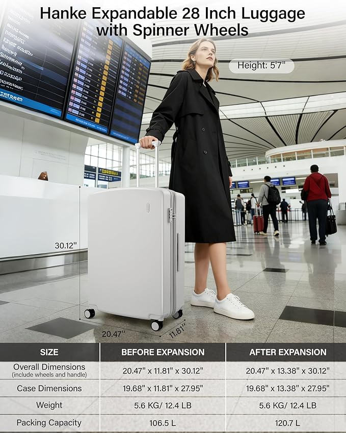 Hanke Expandable 28 Inch Luggage with Spinner Wheels, Hard Shell Large Suitcases with Wheels Checked Luggage for Travel, Rolling Suitcase for Woman & Men with TSA Lock(Smoke White)