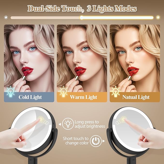 MOMOKUBA Makeup Mirror with Lights, Double Sided 1x/30x Magnifying Mirror with Light, Rechargeable 3 Color Lights and Adjustable Brightness, 360° Rotation Detachable Comes with Tweezer(Dark-30X)