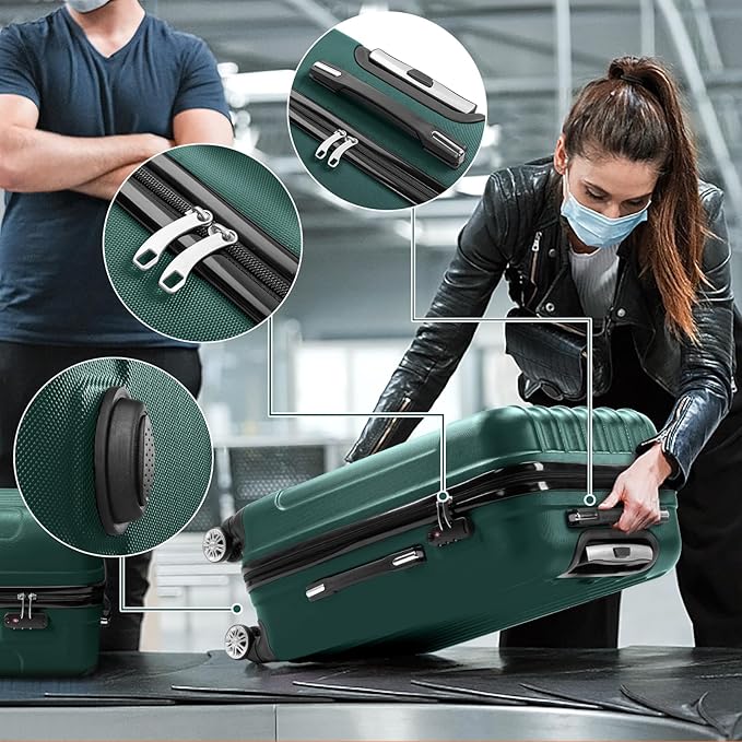 Karl home Luggage Sets 3 Piece, Hardside Carry on Suitcase Sets with Spinner Wheels & TSA lock, Portable Lightweight ABS Luggages for Travel, Business - Dark Green, 20/24/28in