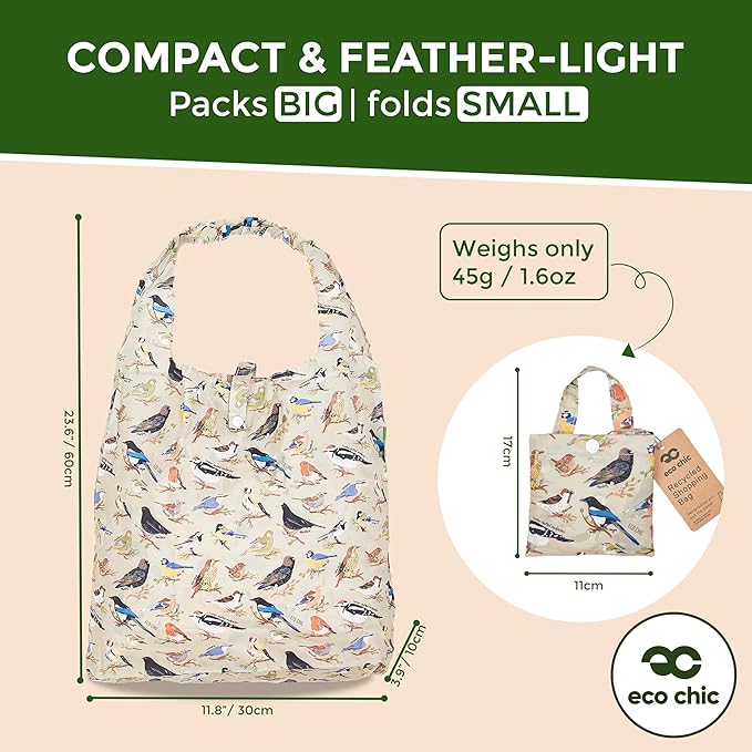 ECO CHIC Foldable Reusable Grocery Bags - Lightweight, Recycled & Reusable Shopping Bag - Waterproof Packable Tote