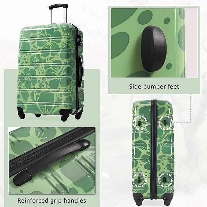 Merax Suitcase Set, Hardshell Luggage Sets 3 Piece with Spinner Wheels, Durable Printing Suitcase with TSA Lock Lightweight 20" 24" 28",Green
