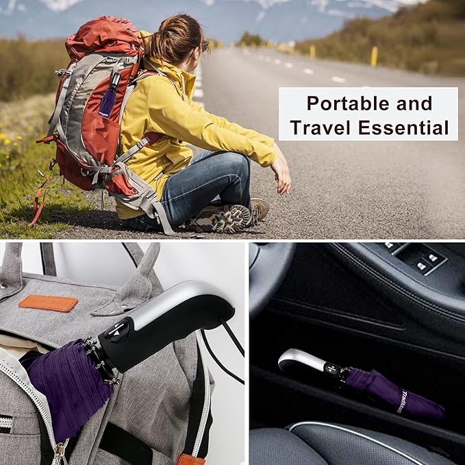 TradMall Travel Umbrella Windproof with 46 Inches Large Canopy 10 Reinforced Fiberglass Ribs Ergonomic Handle Auto Open & Close, Purple