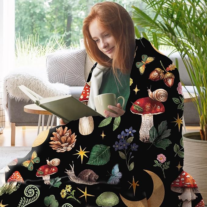 Mystical Forest Mushroom Flannel Throw Blanket, Fairy Tale Cottagecore Moon Star Men Women Adults Teen Kids Birthday Gifts, Witchy Boho Botanical Soft Blankets for Bedding Sofa 50" x 70"