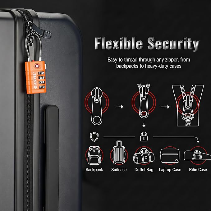 ANVIL TSA Approved Luggage Locks with Search Alert Indicator, 4-Digit Combination Suitcase Lock, Advanced TSA008 Core Heavy Duty Anti-Theft Travel Lock for Double Zippers, Backpacks (3, Orange)