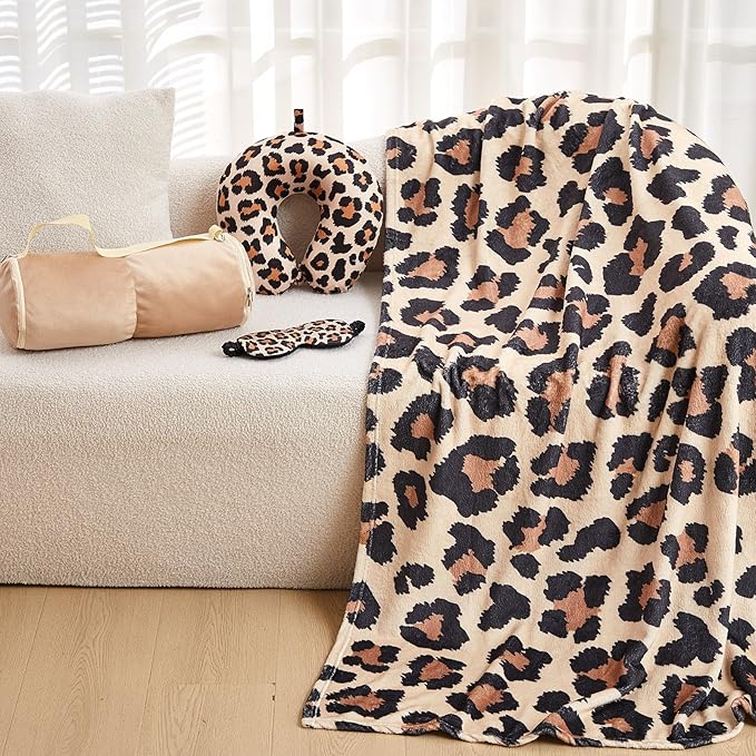 5 Pcs Travel Pillow and Blanket Set, 5 in 1 Travel Airplane Compact Includes 40 x 60 Inch Throw Blanket Eye Mask Neck Pillow Earplug and Bag Gifts for Travelers Women(Leopard Print,Brown)