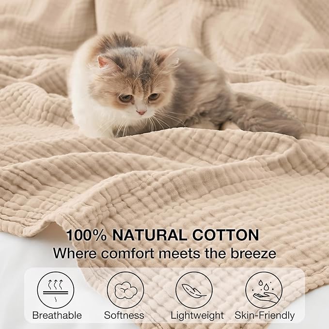 100% Cotton King Size Blankets for Bed 108" x 90", 6 Layers Cooling and Soft Muslin Throw Blanket, Lightweight Quilt Bedspread Coverlet, Gauze Blanket for Adults All Season, Linen Beige