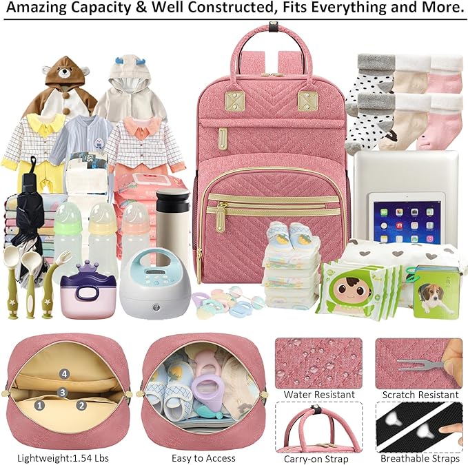 Tenot Baby Diaper Bag Backpack Tote for Women Large Capacity with Insulated Pockets Multifunctional Waterproof Diaper Bags For Baby Girl Boy Mama Maternity Travel Bag Pink