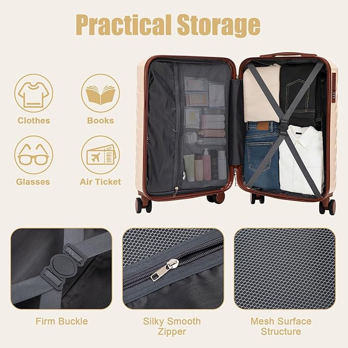 20 Inch ABS Hard Shell Travel Checked Luggage With Combination Lock, Beige
