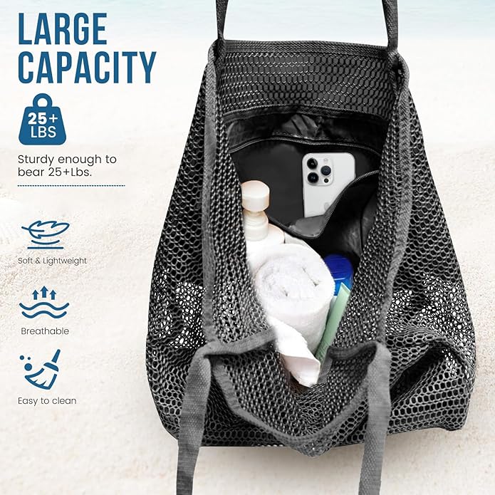 Beach Bags for Women, Summer Travel Mesh Tote Bag with Large Inner Pocket, Sandproof Woven Shoulder Handbag