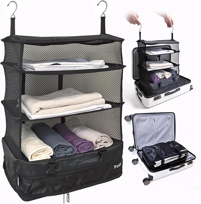 Grand Fusion Stow-N-Go Packing Organizer for Luggage, Portable Hanging Travel Shelves, Carry-On Closet, Hanging Packing Cubes, Collapsible Carry-On Organizer for Cruises & Hotels. Black - XL