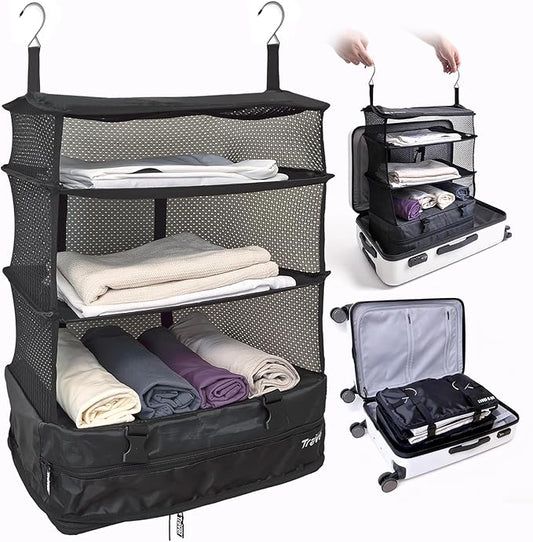 Grand Fusion Stow-N-Go Packing Organizer for Luggage, Portable Hanging Travel Shelves, Carry-On Closet, Hanging Packing Cubes, Collapsible Carry-On Organizer for Cruises & Hotels. Black - XL