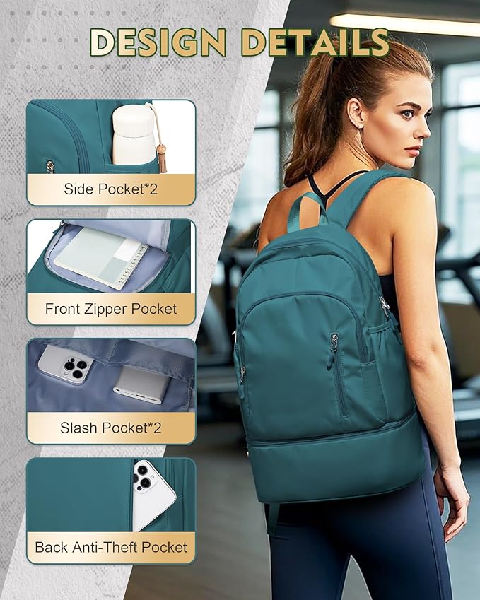Gym Backpack for Women Men, Lightweight Gym Bag with Shoe Compartment, Waterproof Sports Backpack with Wet Pocket, Peacock Blue