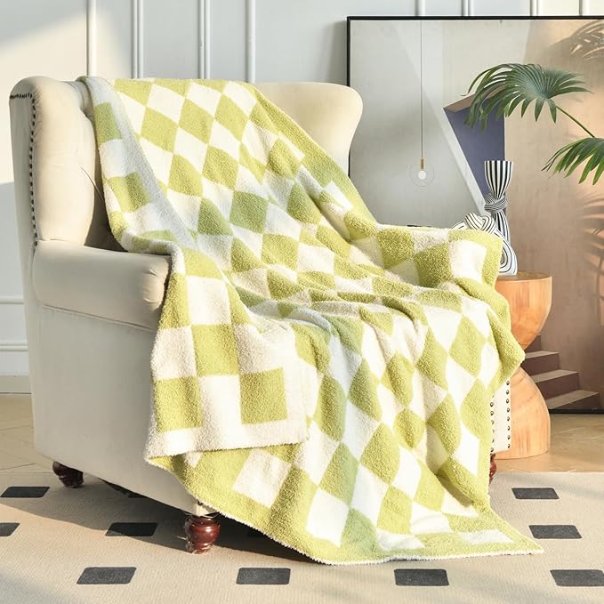 Checkered Blanket, Cozy Soft Throw Blankets for Couch Bed, Fluffy Plaid Lightweight Comfy Travel Picnic Blanket Gifts for Sofa Chair Living Room Camping (Green, Throw 50"x60")