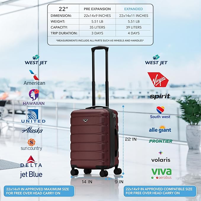 Flight Knight 22x14x9 Expandable Carry On Suitcase Hardside TSA Lock USB C Port Lightweight Luggage Silent Double Spinner Wheels Maximum Overhead Carry-On Bag For American United Approved Burgundy