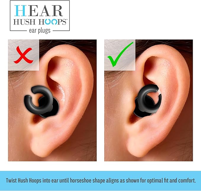 Hush Hoops Ear Plugs, Ultra-Soft Reusable Noise Reducing Earplugs with Horseshoe Shape for Comfort, 4 Tip Sizes for Customizable Fit, 17dB (NRR) Noise Reduction Rating, Black, 1 Pair with Travel Case