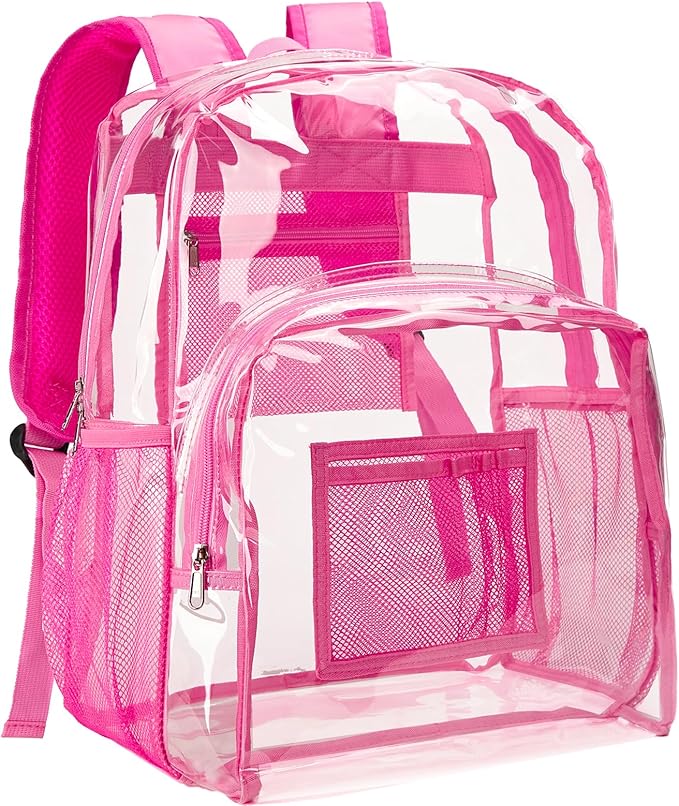 Vorspack Clear Backpack Heavy Duty PVC Transparent Backpack Extra Large Clear Backpacks with Reinforced Strap for College Workplace Security - Pink