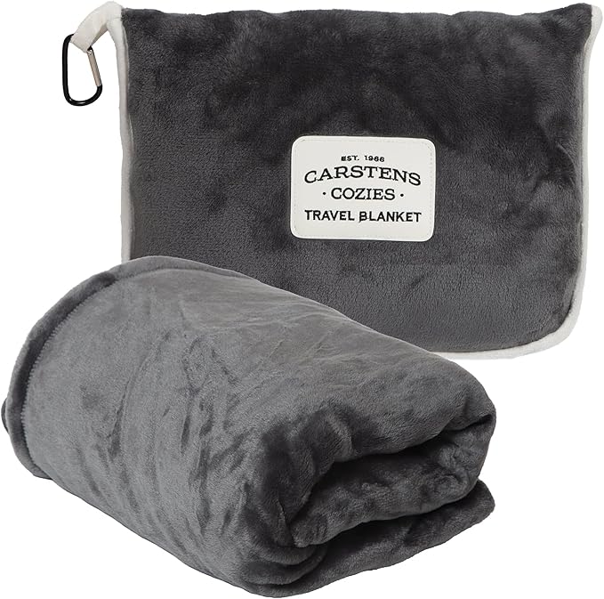 CARSTENS, INC. Travel Blanket, Premium Compact 2-in-1 Airplane Blanket/Pillow, Perfect Grey