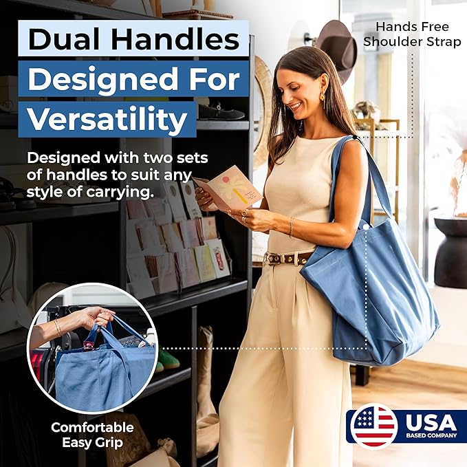 VeraMia Canvas Grocery Bag 3pc XL Set with Real Pockets, Long Shoulder Strap and Short Handle. Heavy Duty, Foldable, Washable