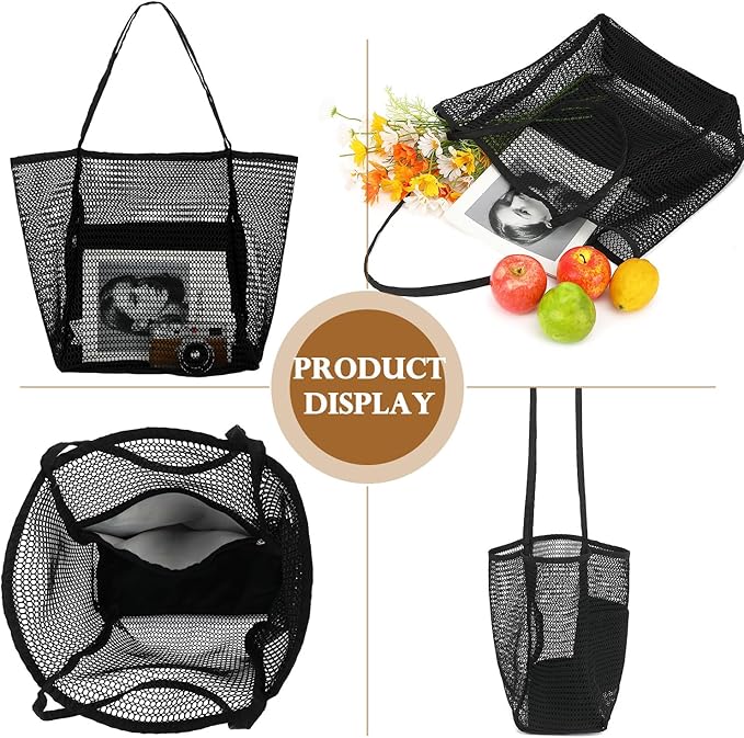 Fammart Mesh Beach Bag, Large Beach Tote with Zipper Pocket, Toys Pool Bag for Family Travel Vacation Cruise Essentials