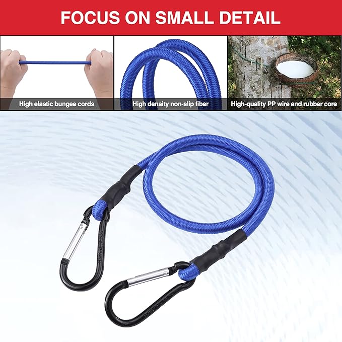WORKPRO 24 Inch Bungee Cords with Hooks, 4 Pack Superior Rubber Heavy Duty Bungee Straps Strong Elastic Rope for Outdoor Tent, Luggage Rack, Camping, Cargo, RV, Bike, Transporting, Storage, Blue