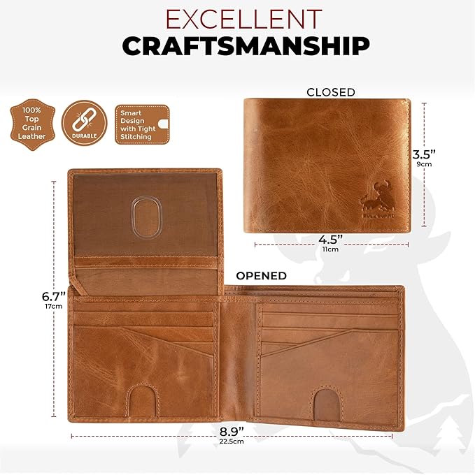 Mens Leather Wallet Bifold with ID Window and RFID Blocking Secure and Durable Extra Capacity Billfold with 11 Credit Cards In Wild Buck Tan