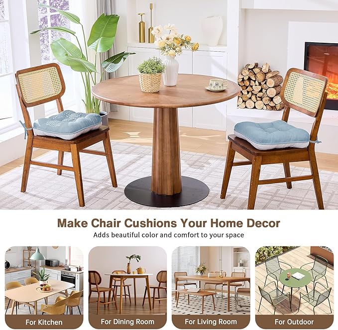 BETU Chair Cushions for Dining Chairs Set of 2,3.5" Thick Kitchen Table Chair Pads with Ties,Non Slip Backing and Covers, Seat Cushion for Dining Room,Bar,Patio Chairs,16"X16"X3.5",Smoky Blue