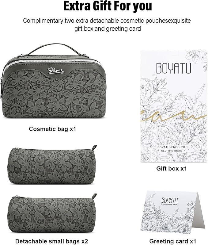 BOYATU Travel Makeup Bag Cosmetic Bags for Women: Large Capacity 3 Pcs Set Make up Bag with Compartments - Waterproof Vegan Leather Toiletry Organizer Bags with Handle (Z-62Grey)