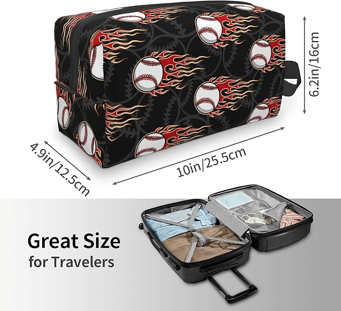 Kids Travel Toiletry Bag for Boys Girls - Waterproof Makeup Pouch Hanging Cosmetic Wash Bags Dopp Kit Shaving Bag for Toiletries Accessories(Fire Baseball)