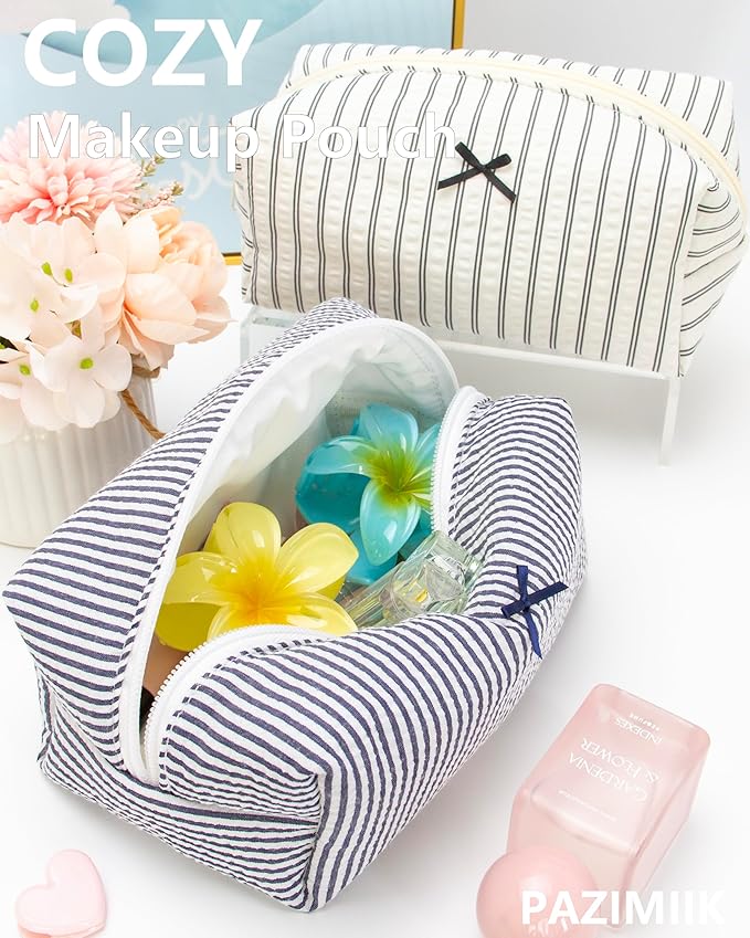 PAZIMIIK 2PCS Cozy Makeup Bag Small Aesthetic Travel Zipper Cosmetic Pouch for Women Make Up Beauty Accessories Brushes, Stripe Navy Blue