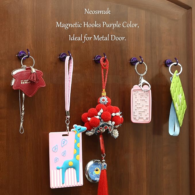 Neosmuk Magnetic Hooks, 30lb+ Heavy Duty Earth Magnets with Hook for Refrigerator, Extra Strong Cruise Hook for Hanging, Magnetic Hanger for Cabins, Grill (Purple, Pack of 6)