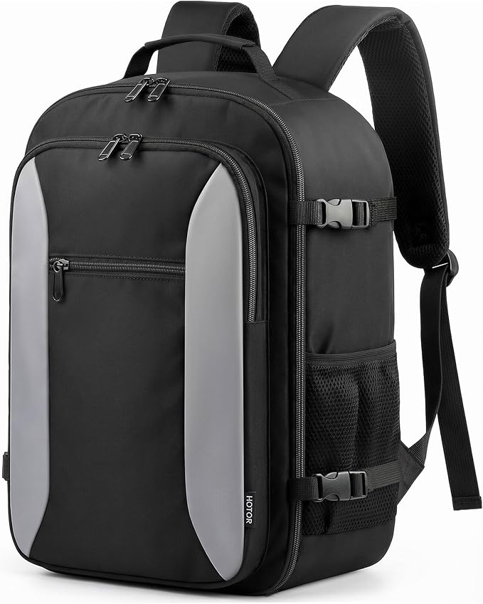 HOTOR Travel Backpack - TSA-Friendly Carry-On Backpack for Men & Women, Internal Luggage Straps & Waterproof Pocket, Perfect for Travel Essentials, Work, Commuting, 16.9" x 11.4" x 7.9", Black
