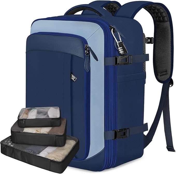 Vancropak 40L Carry On Travel Backpack, Flight Approved Expandable Weekender Bag with 3 Packing Cubes, Suitcase Backpack Fits 17" Laptop, Water Resistant Anti Theft Daypack Bag for Men Women, Blue