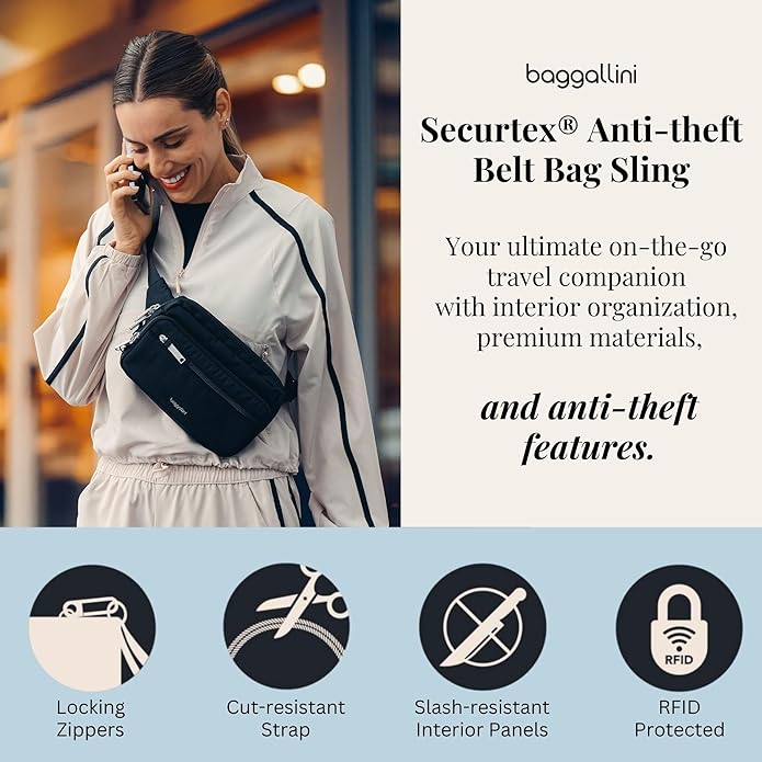 Baggallini Securtex Anti-theft Belt Bag 8.8"x5.5" Crossbody Fanny Pack for Women RFID Wallet Locking Zipper Travel Purse