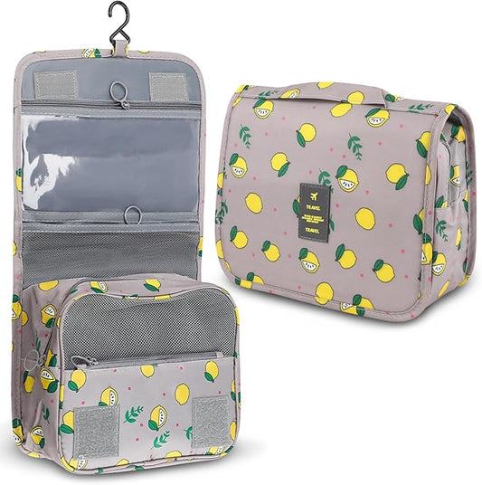 Foldable Hanging Travel Toiletry Bag,Waterproof Portable Travel Bags, Multifunction Travel Makeup Cosmetic Bag Organizer with Hanging Hook (Grey Lemon)