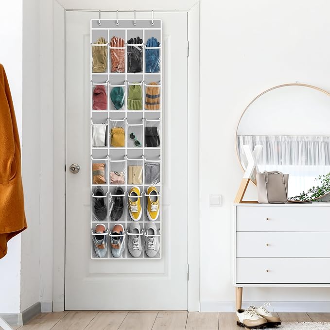 Simple Houseware 24 Pockets - Crystal Clear Over The Door Hanging Shoe Organizer, Gray (64'' x 19'')